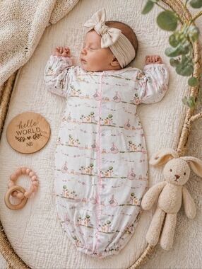🌸 Kissy Kissy NB Pima Cotton Baby Gown – Sweet Safari Print 🌸
